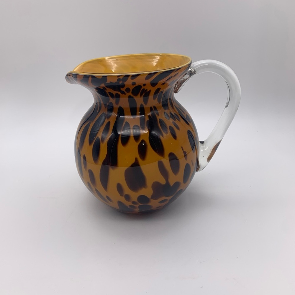 Gold & Spotted Black Hand Blown Glass Pitcher With Crystal Handle 7”